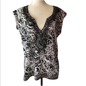 NY&CO Sheer Blouse V-Neck w/ Gold Filigree - Size M EUC